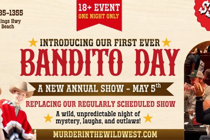 Event ad for 'Bandito Day', May 5th, featuring mystery, laughs, and outlaws.